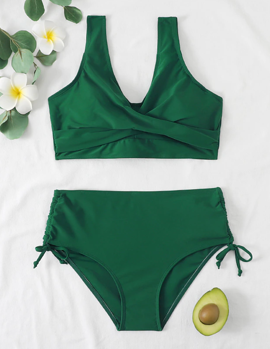 Dames Bikini Set – Wrap Top met V-Hals – Hoge Taille – Verstelbare Ruche Zijkant