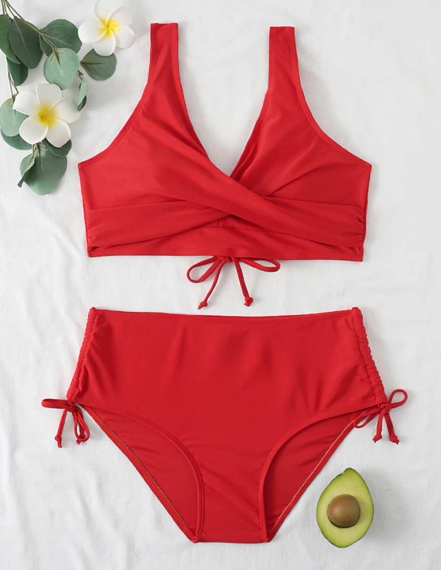 Dames Bikini Set – Wrap Top met V-Hals – Hoge Taille – Verstelbare Ruche Zijkant