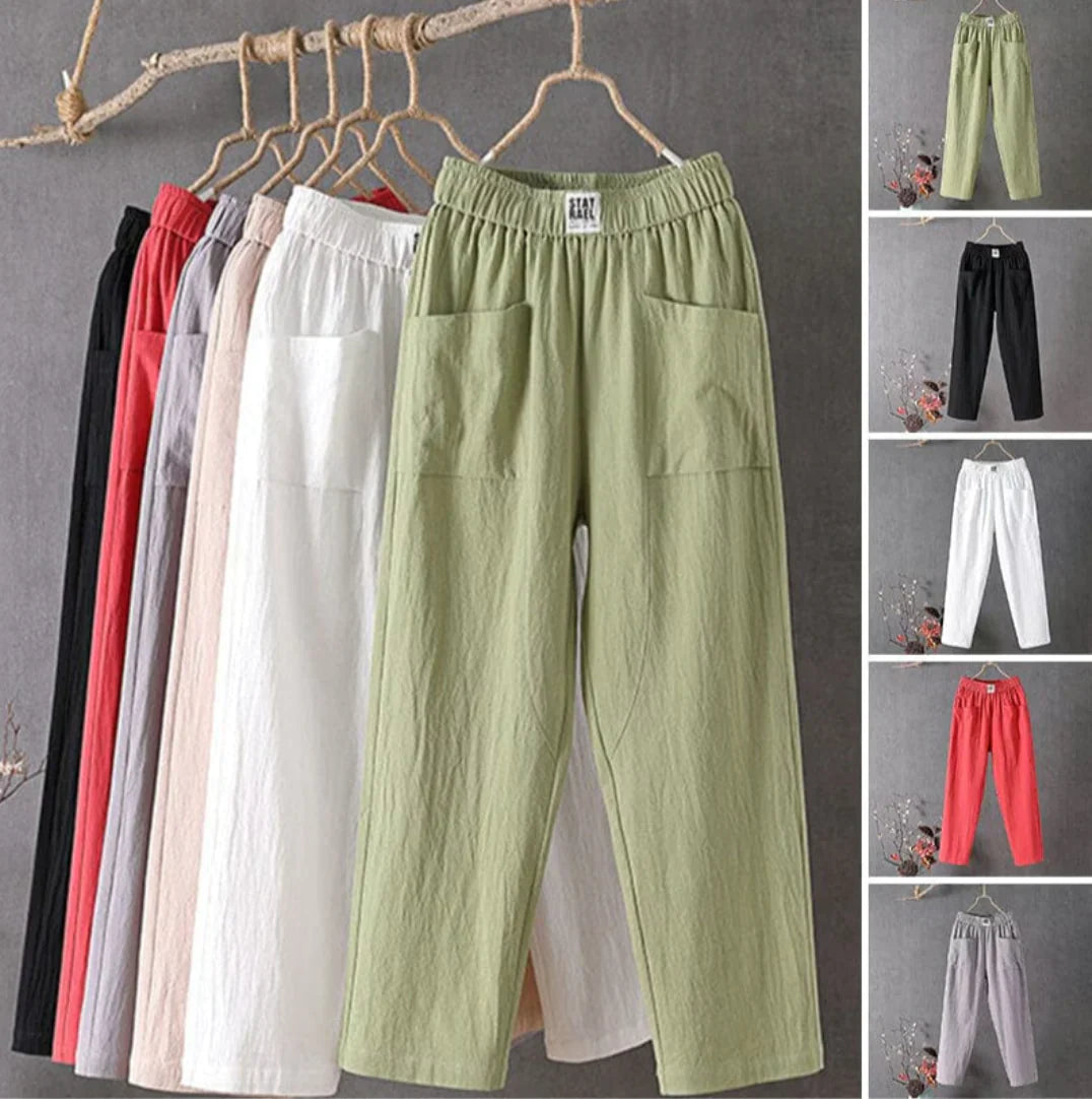 KLARA - Casual trousers of cotton and linen with elastic waistband