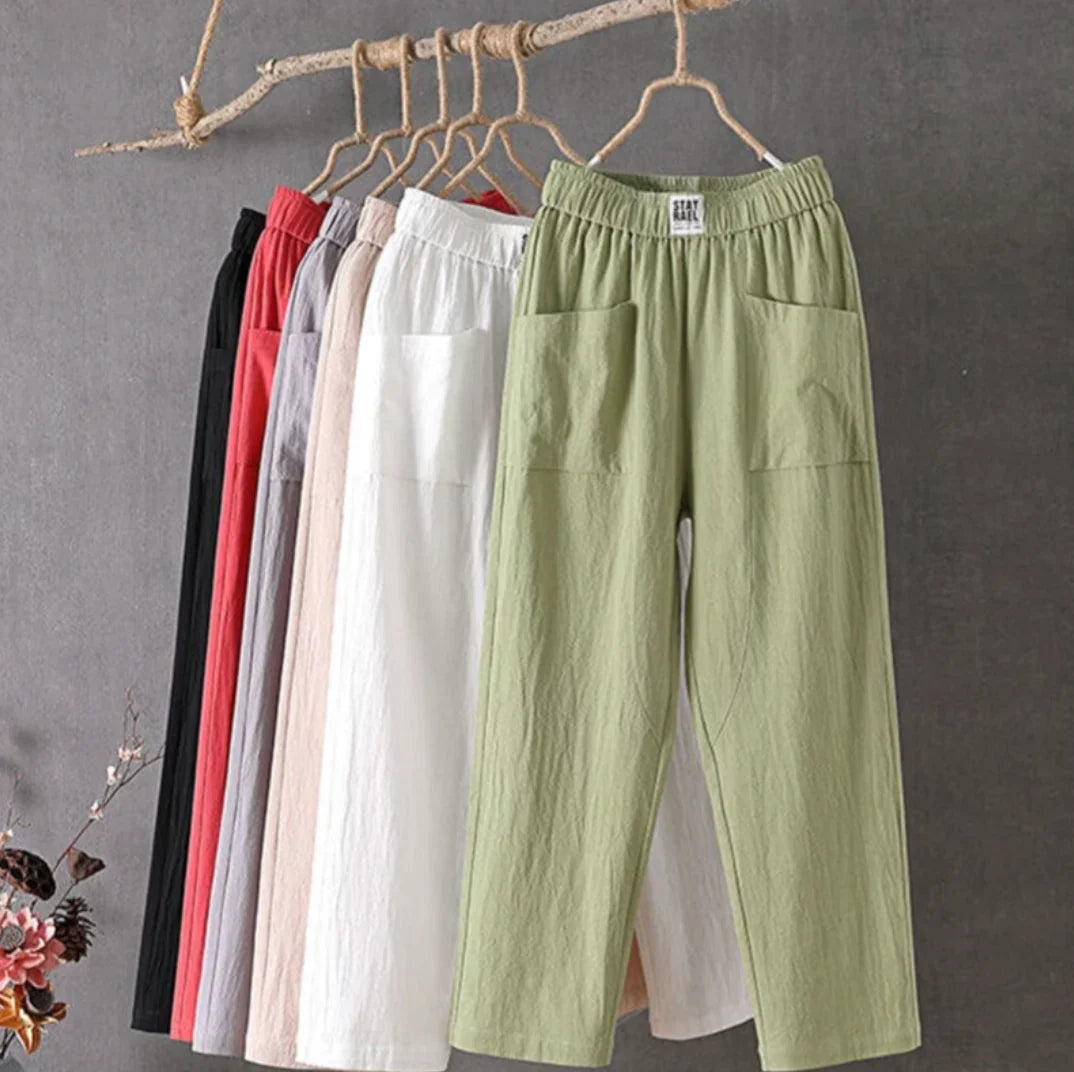 KLARA - Casual trousers of cotton and linen with elastic waistband