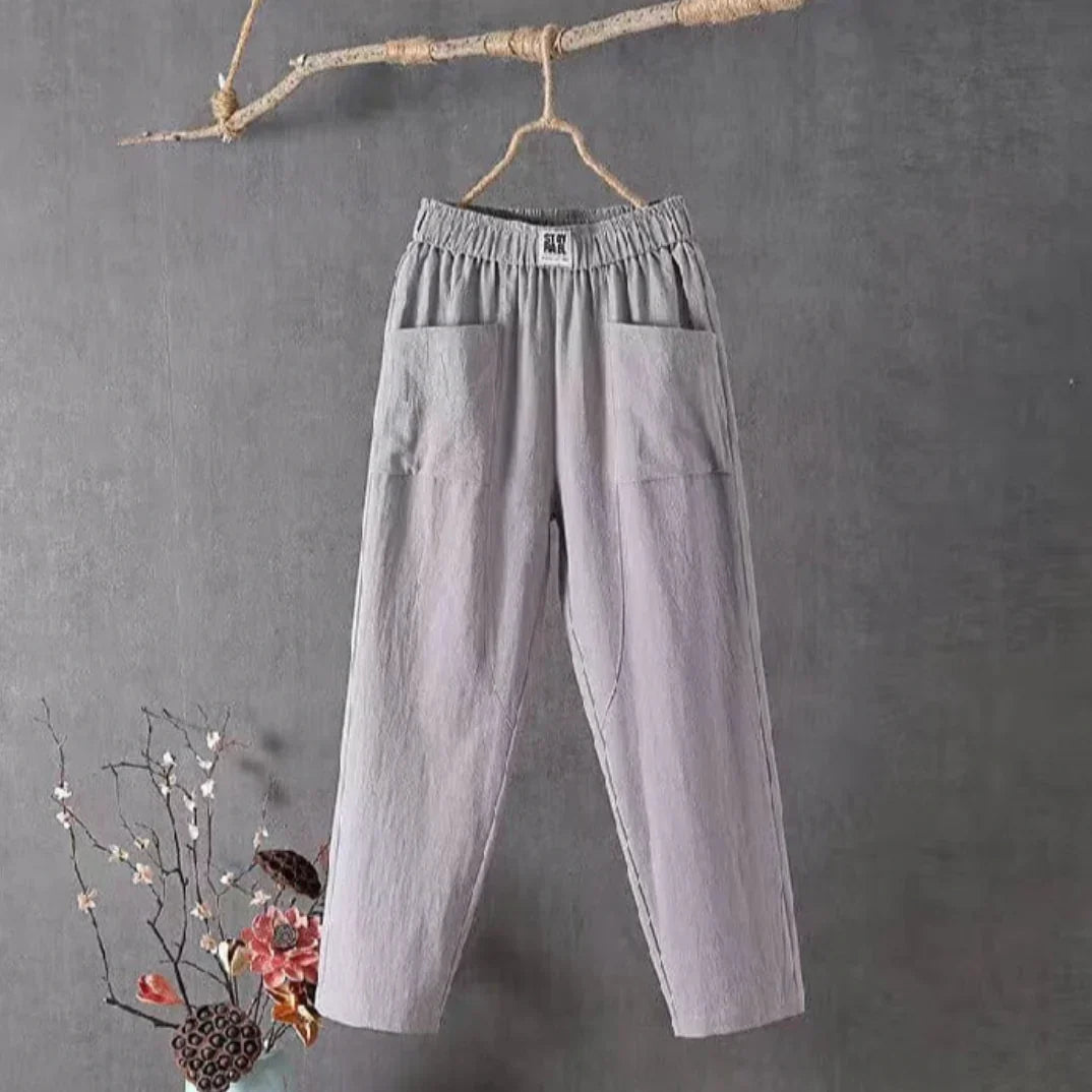 KLARA - Casual trousers of cotton and linen with elastic waistband