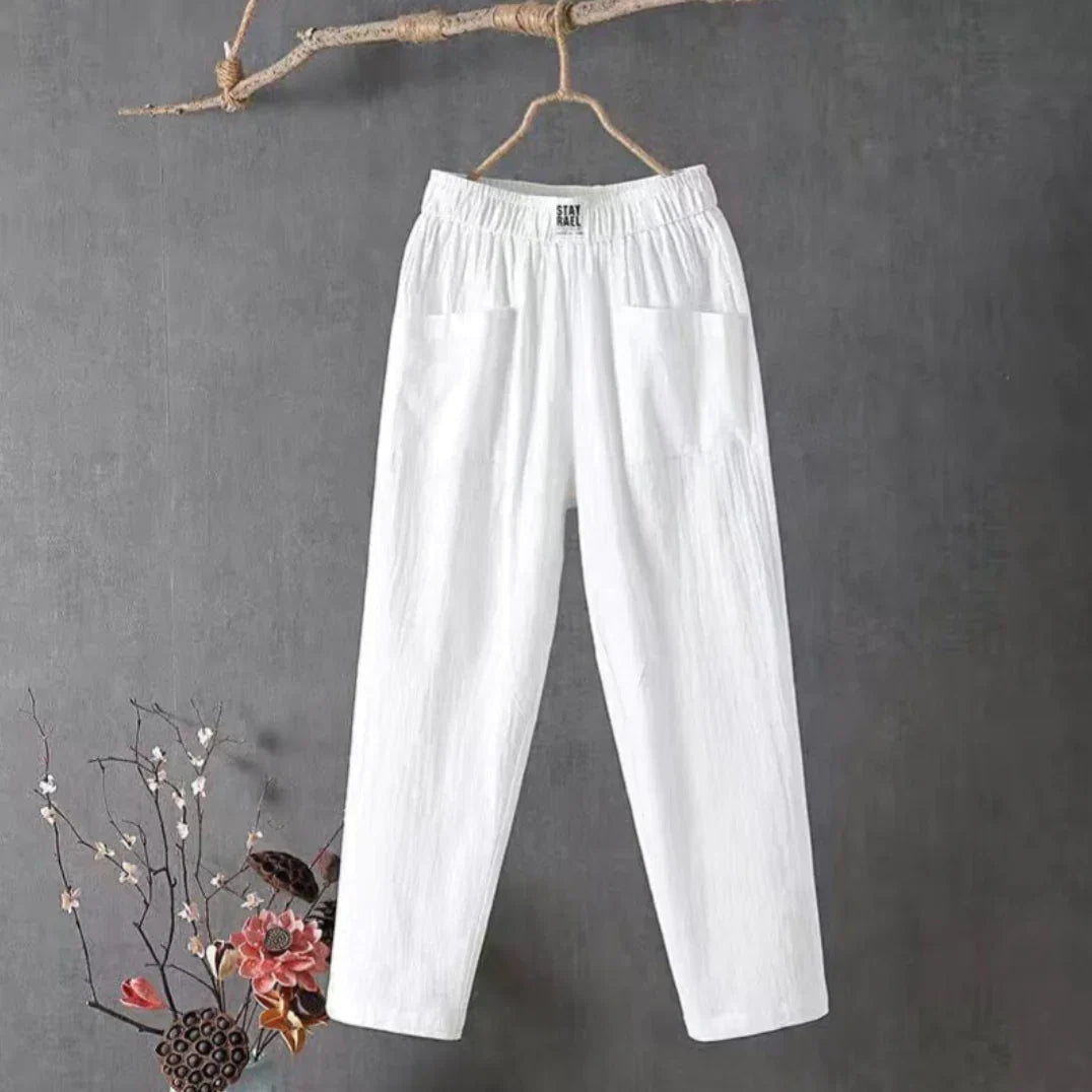 KLARA - Casual trousers of cotton and linen with elastic waistband