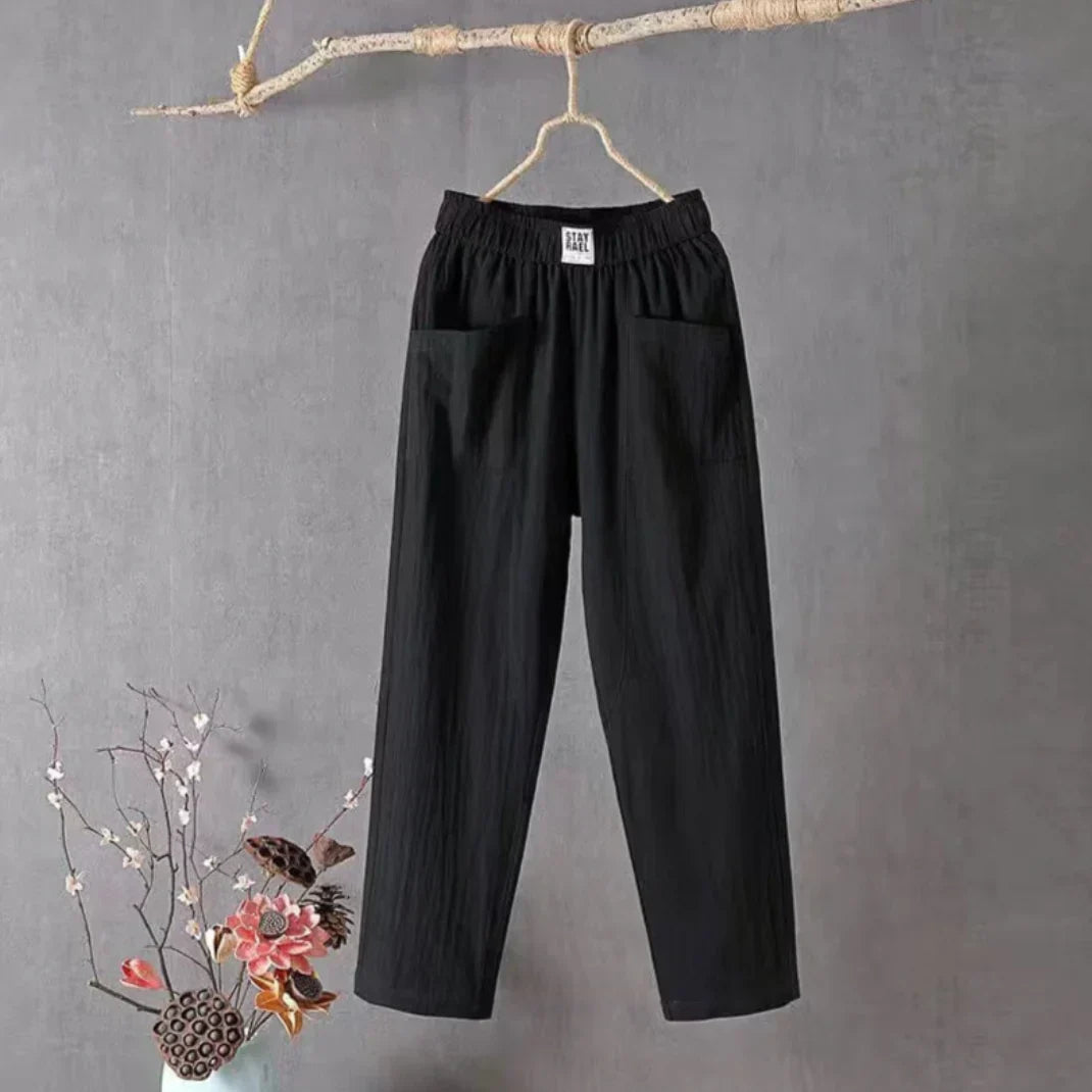 KLARA - Casual trousers of cotton and linen with elastic waistband