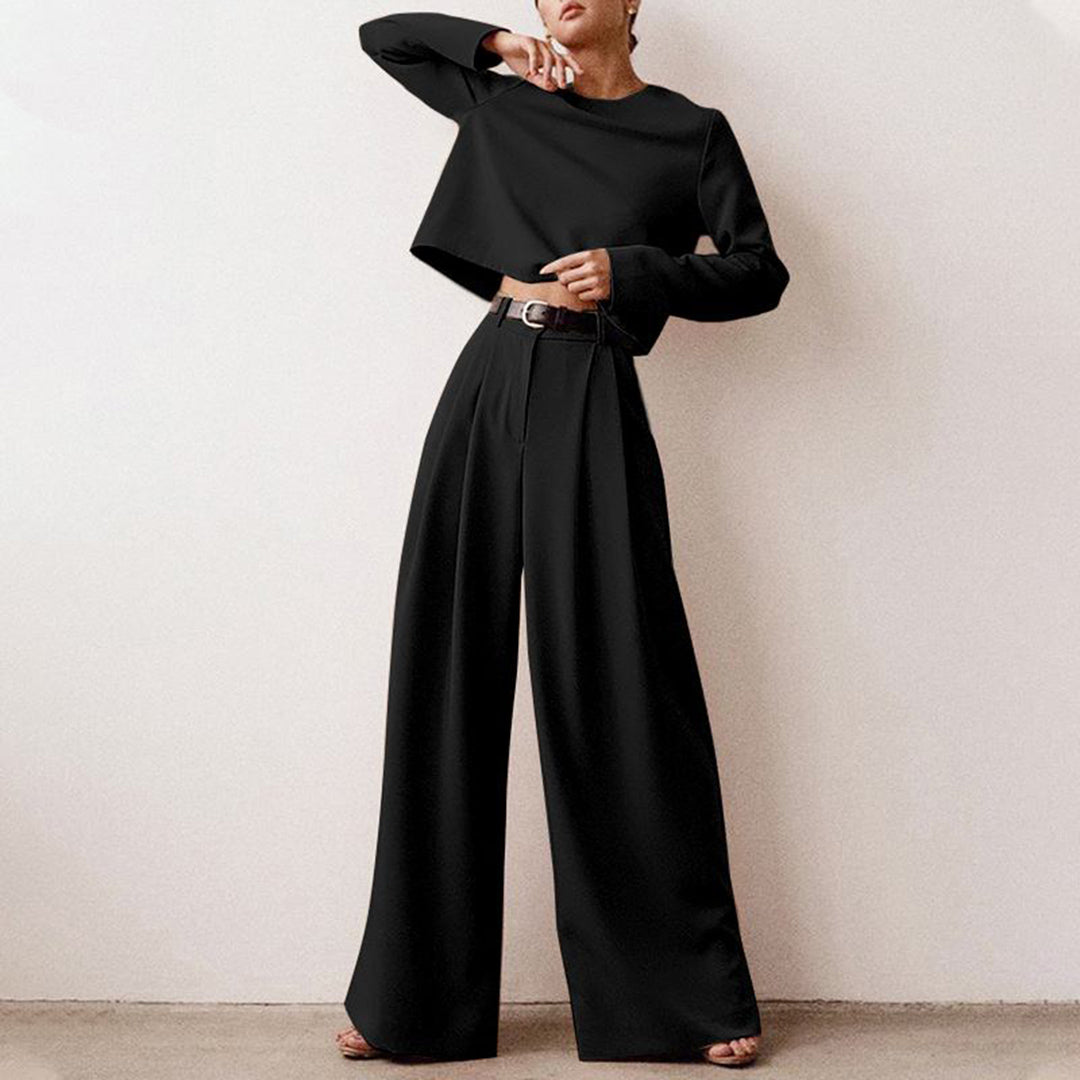 Elegante Cropped Lange Mouw En Wijde Pijpen Broekenset Voor Dames