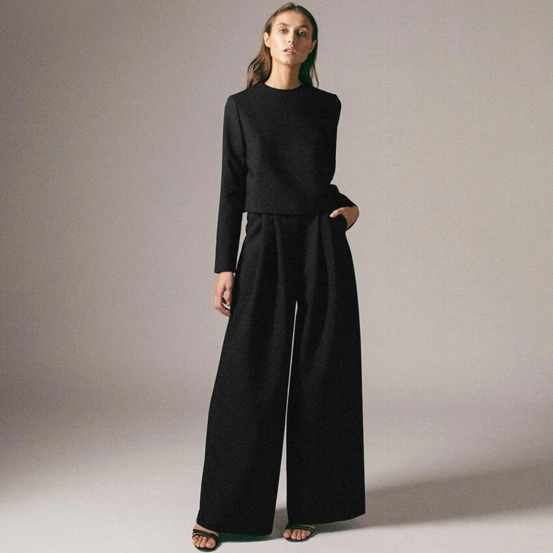 Elegante Cropped Lange Mouw En Wijde Pijpen Broekenset Voor Dames