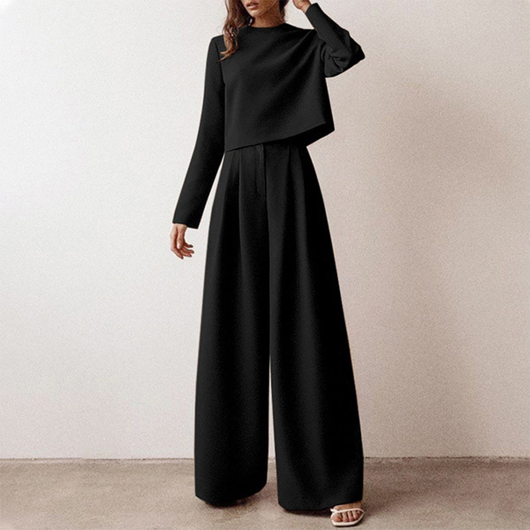 Elegante Cropped Lange Mouw En Wijde Pijpen Broekenset Voor Dames