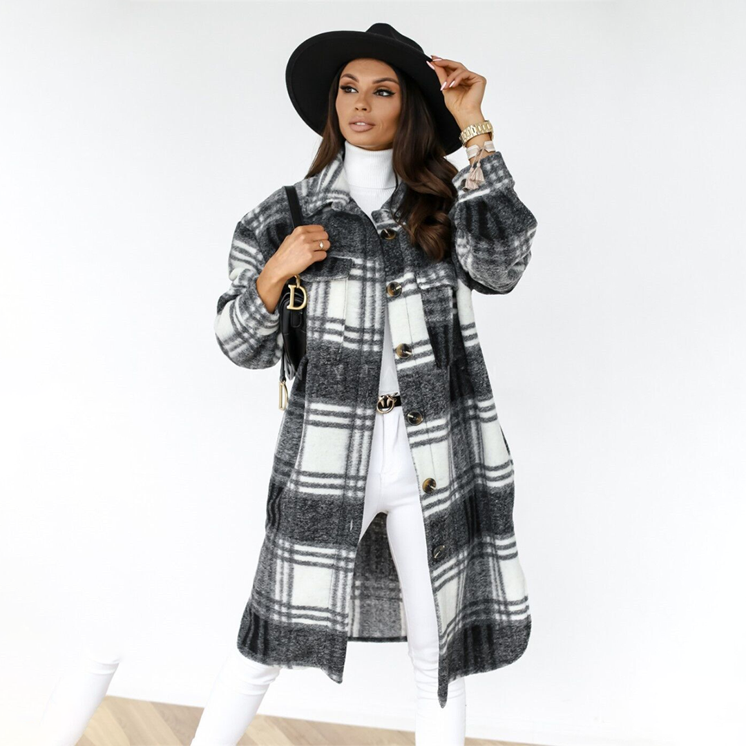 Ladies Long Coat – Oversized Fit – Wool Mix – Checked Pattern – Front Buttons