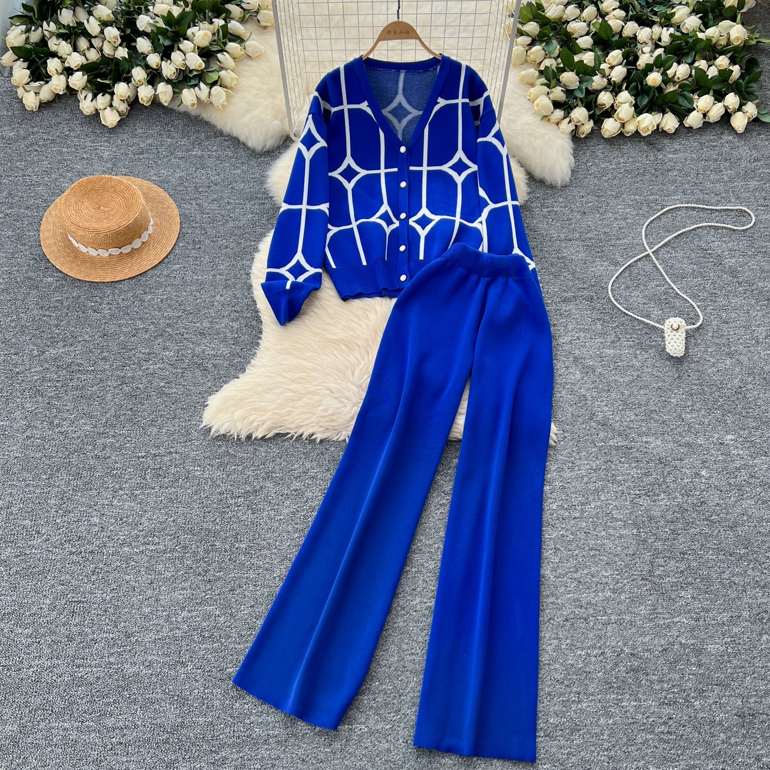 Dames Gebreid Pak - V-hals Vest met Knopen - Wijde Broek - Elastische Tailleband