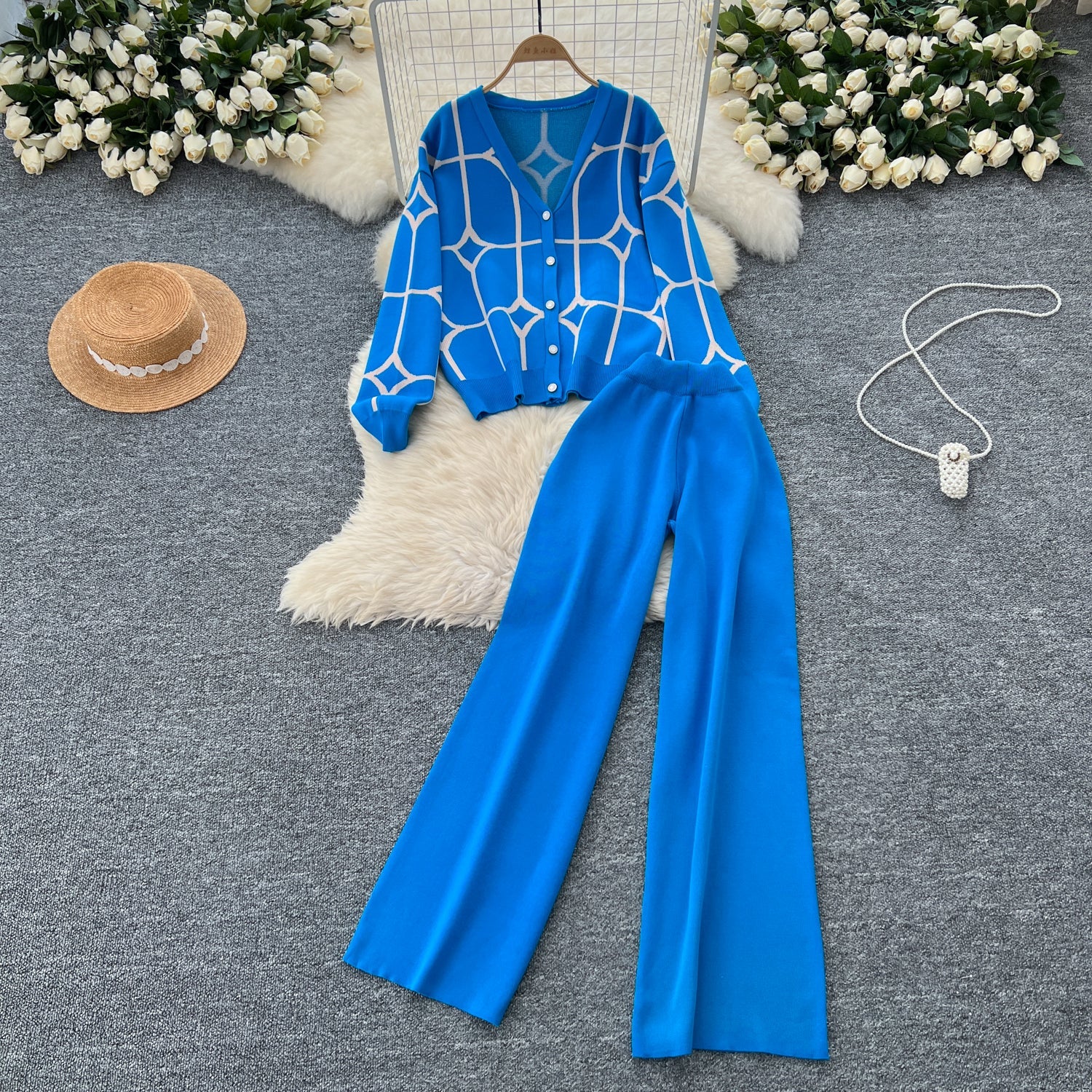 Dames Gebreid Pak - V-hals Vest met Knopen - Wijde Broek - Elastische Tailleband