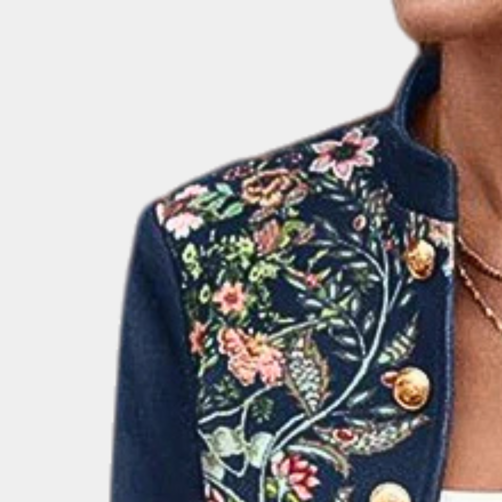 Blauwe bloemen geborduurde blazer - elegante damesjasje