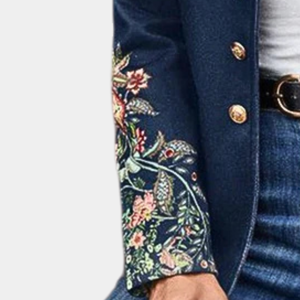 Blauwe bloemen geborduurde blazer - elegante damesjasje