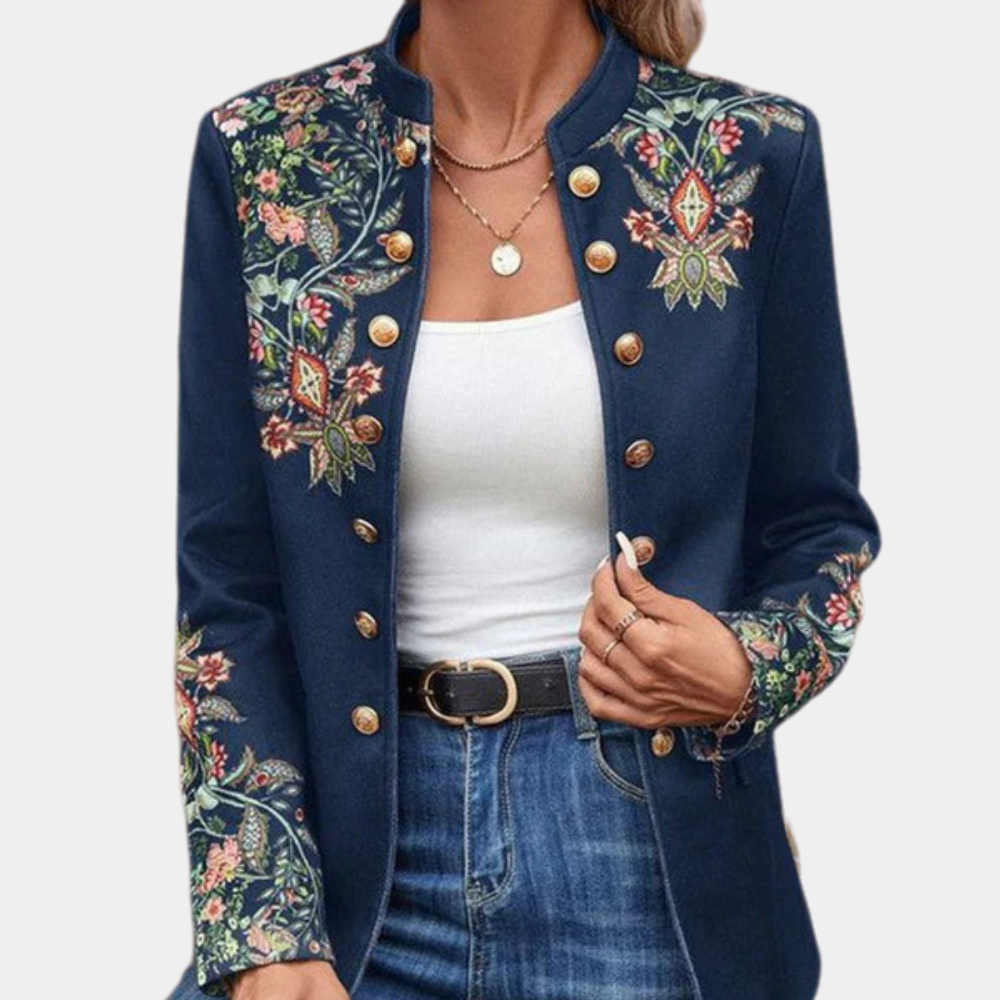 Blauwe bloemen geborduurde blazer - elegante damesjasje