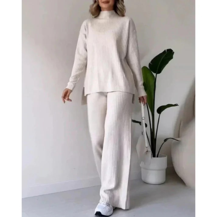 Dames Loungewear Set – Gebreide Ribstof – Losse Pasvorm – Truien met Hoge Hals – Wijde Broek