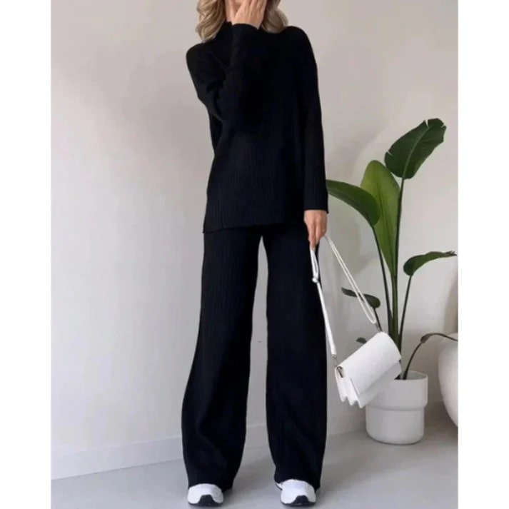 Dames Loungewear Set – Gebreide Ribstof – Losse Pasvorm – Truien met Hoge Hals – Wijde Broek