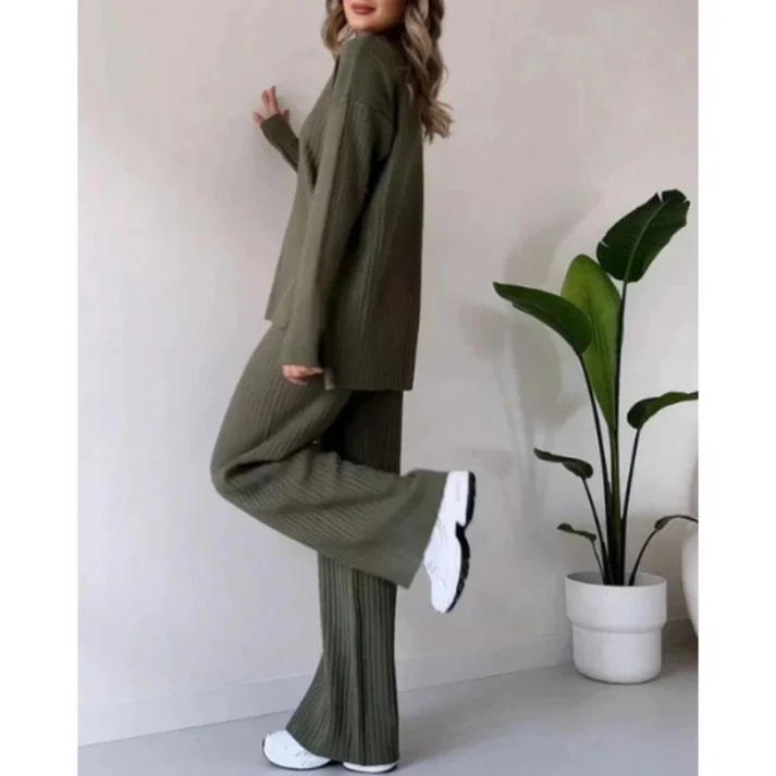 Dames Loungewear Set – Gebreide Ribstof – Losse Pasvorm – Truien met Hoge Hals – Wijde Broek