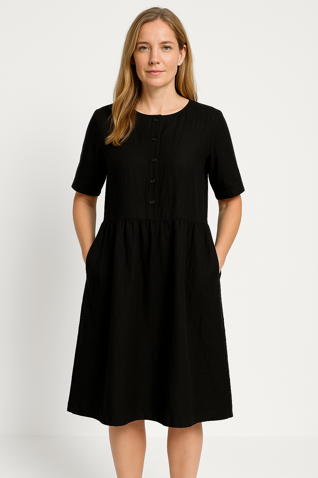 Women's Midi Dress – Relaxed Fit – Breathable Fabric – Button Closure – With Pockets