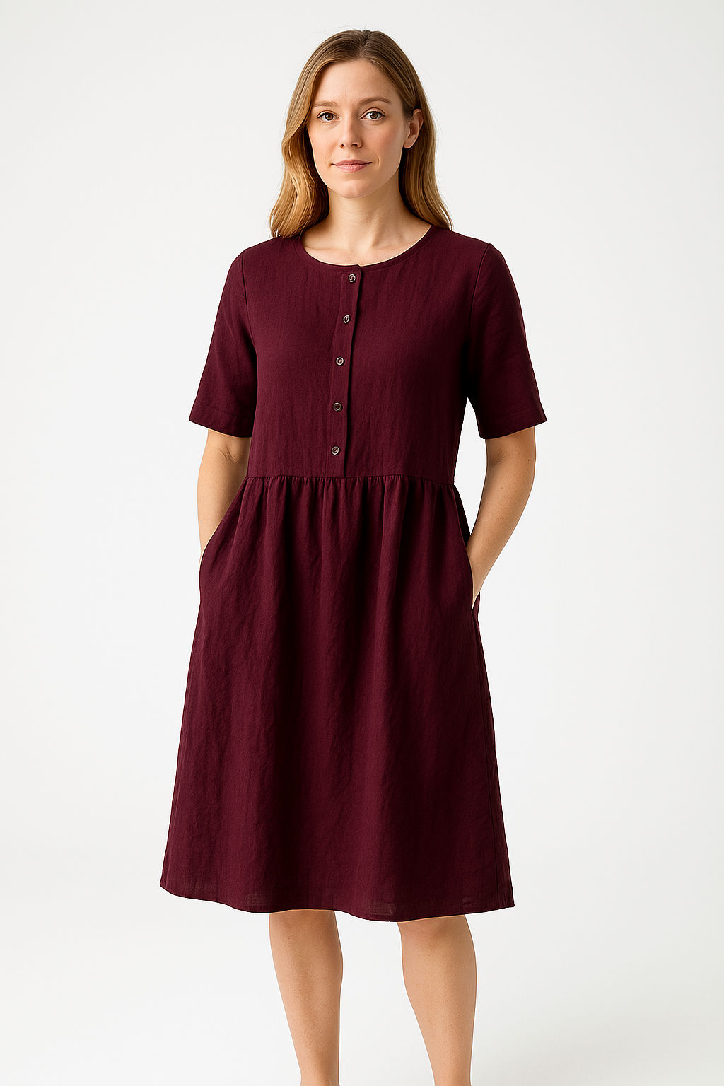 Women's Midi Dress – Relaxed Fit – Breathable Fabric – Button Closure – With Pockets