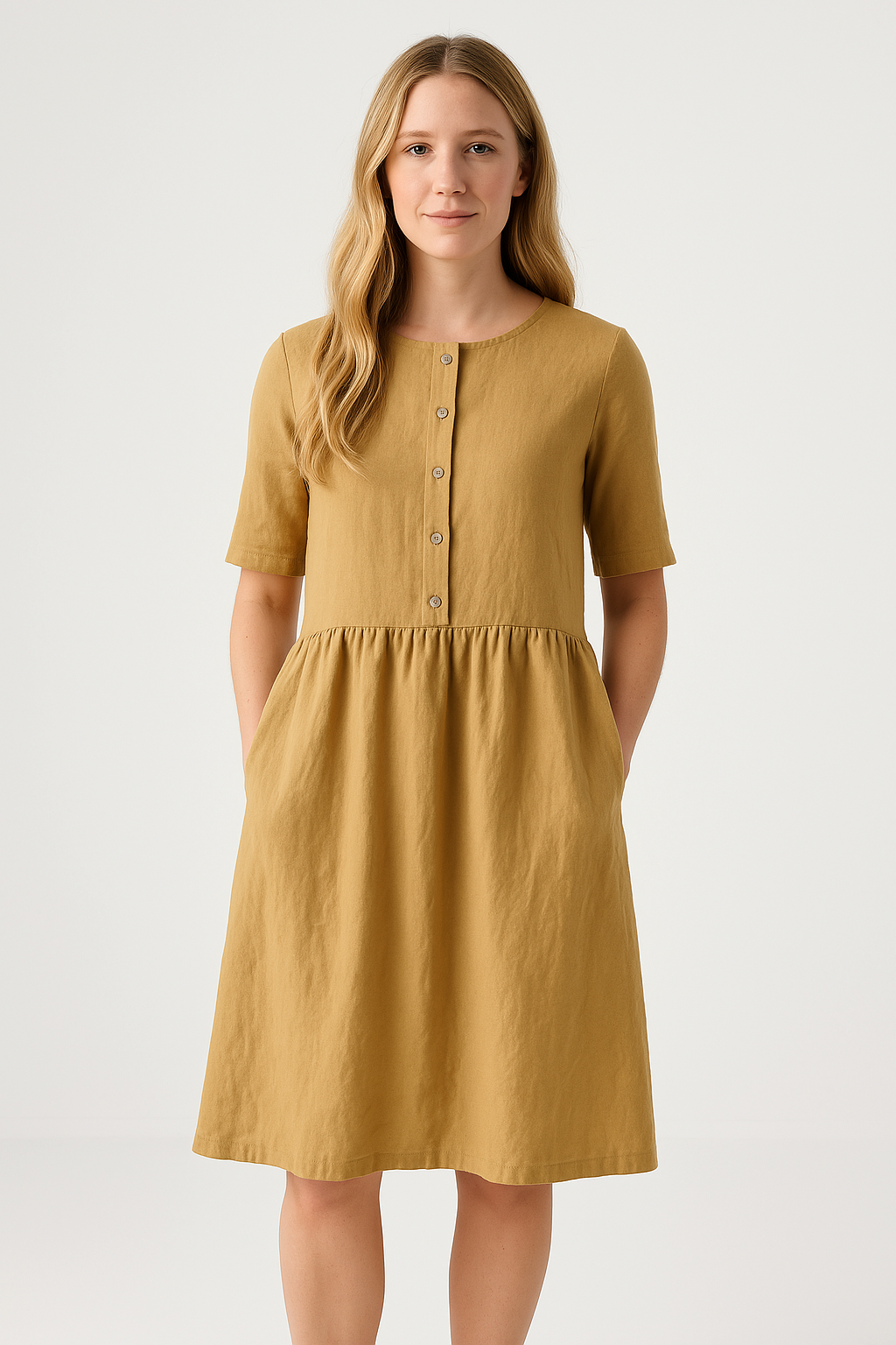 Women's Midi Dress – Relaxed Fit – Breathable Fabric – Button Closure – With Pockets