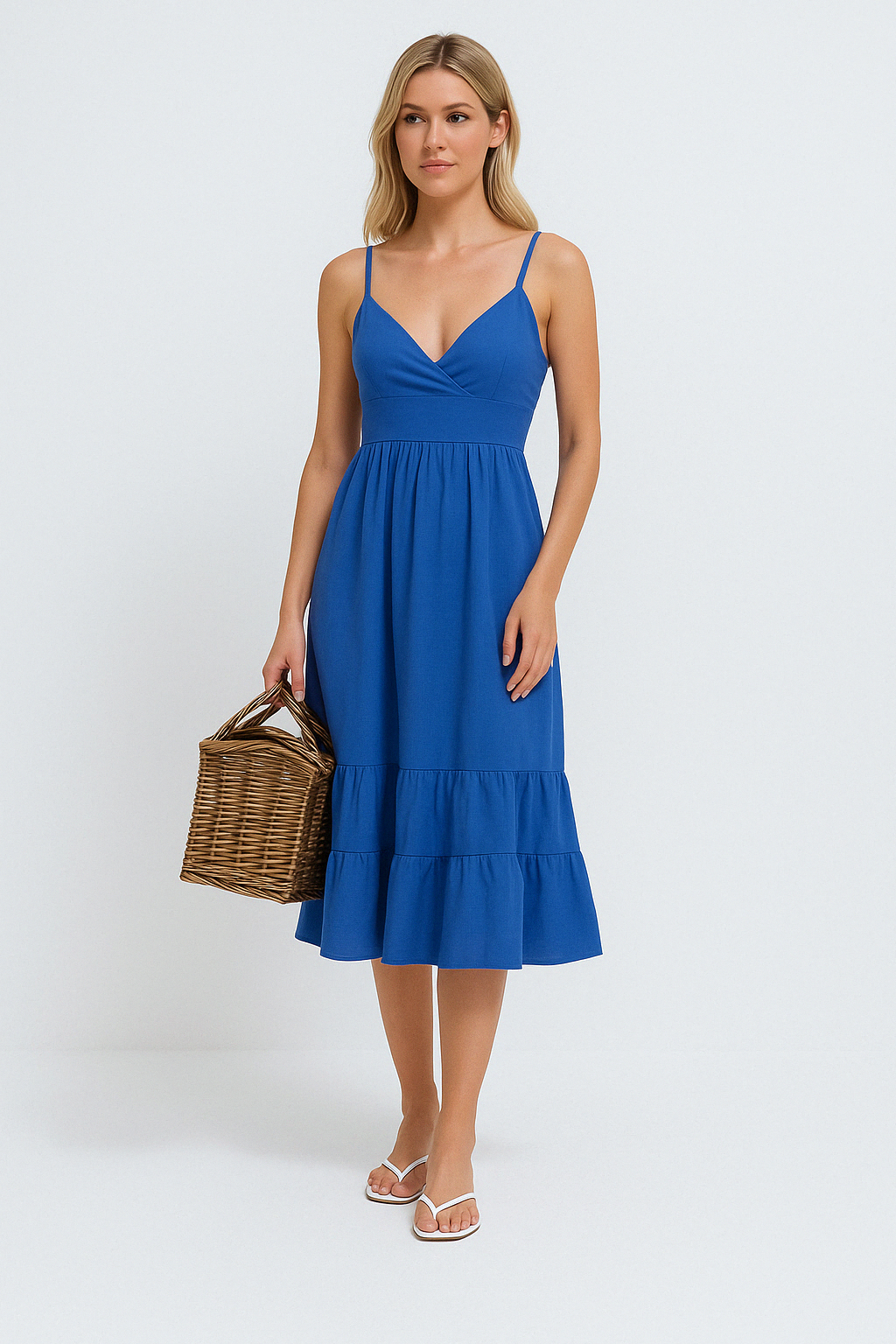 Women's midi dress – Linen cotton mix – V-neck – Spaghetti straps – Layered hem