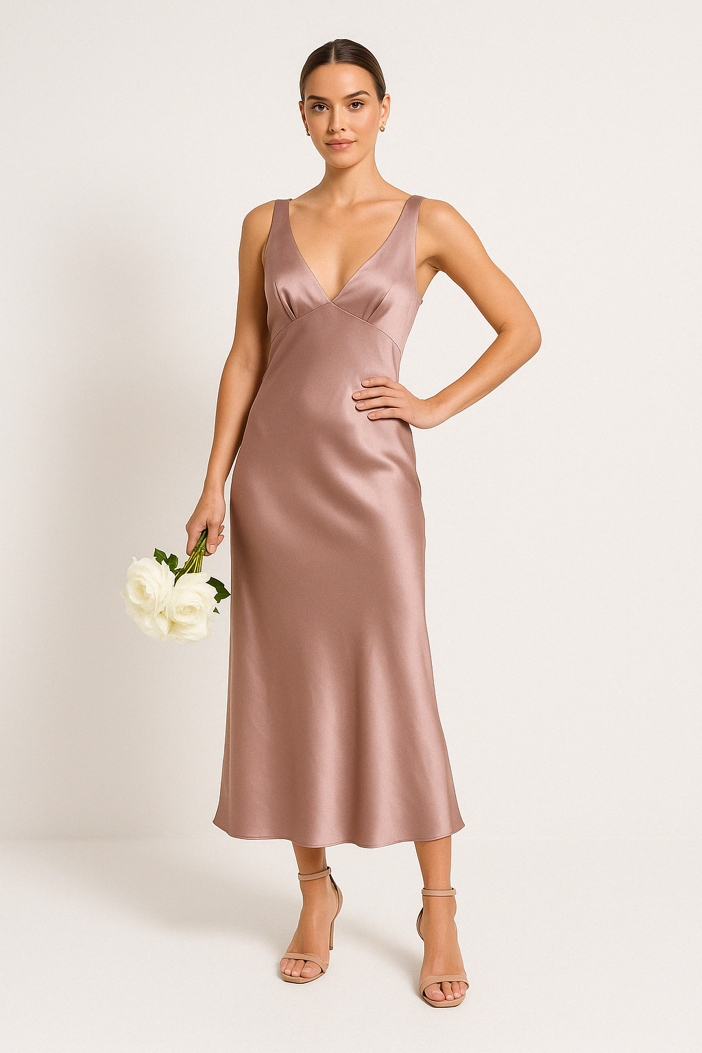 Women's Midi Dress – Silky Satin – Slim Fit – Deep V-Neck – Open Back – Spaghetti Straps