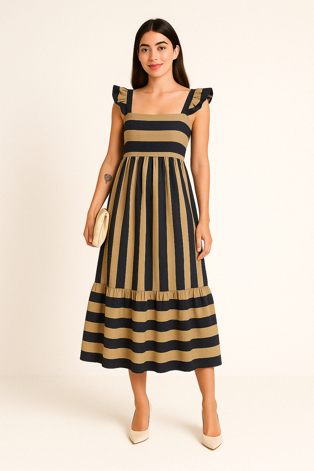 Ladies Midi Dress – Relaxed Fit – Cotton Blend – A-line – Striped – Ruffle Straps