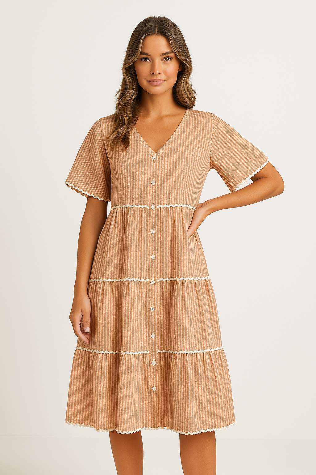 Ladies Dress – V-neck – Loose Fit – Cotton – Button Closure – Lace Details