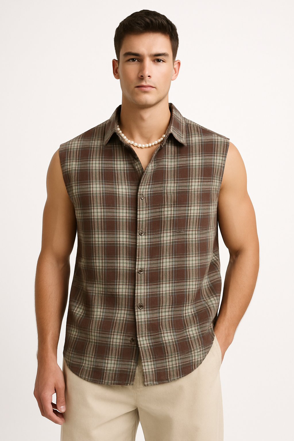 Men's Sleeveless Shirt – Loose Fit – Breathable – Checked – Button Closure