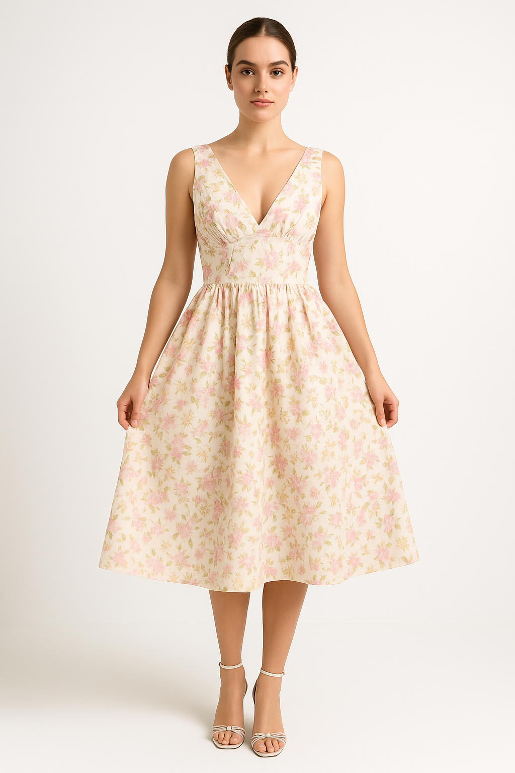 Women's midi dress – A-line fit – V-neck – Spaghetti straps – Cotton look – Floral print