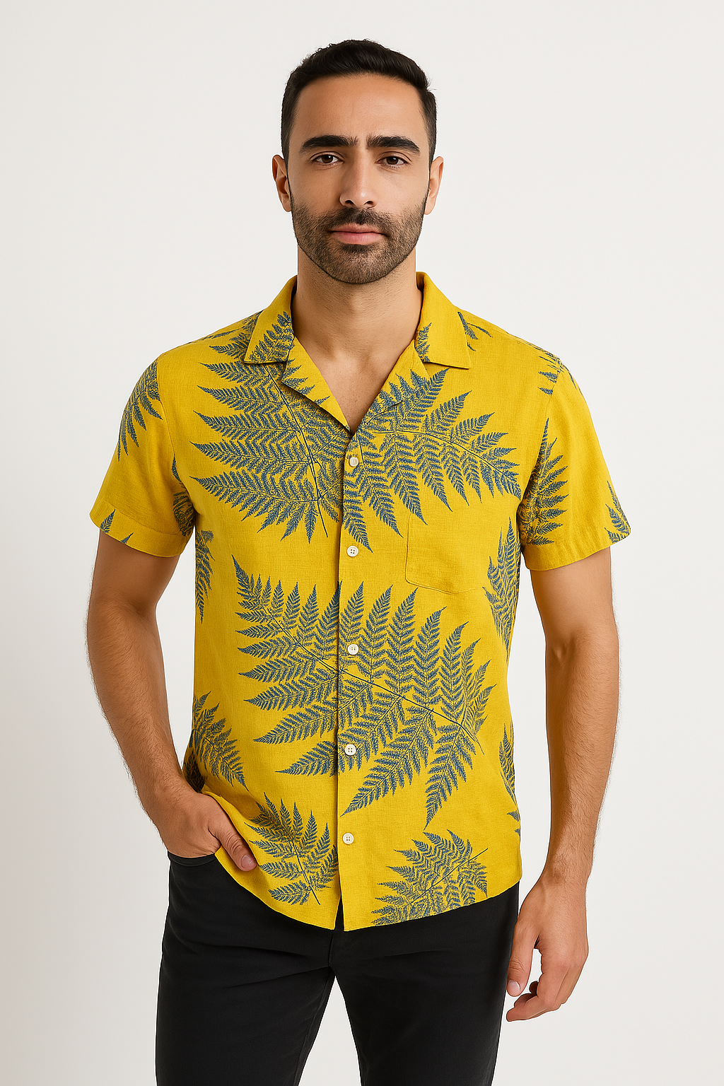 Men's Shirt Short Sleeve – Relaxed Fit – Linenlook – Leafprint – Breathable