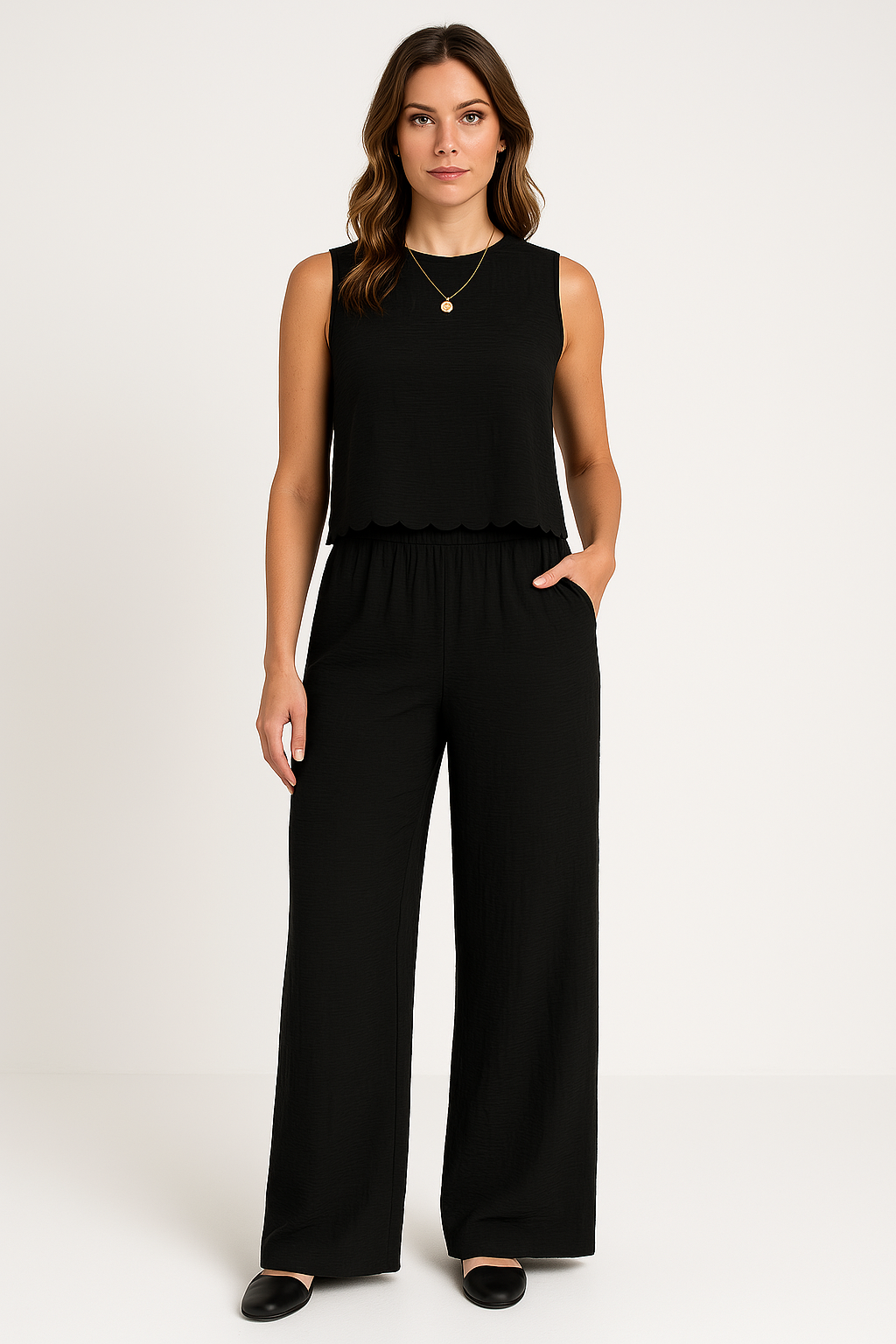 Ladies Trousers – Wide Legs – Relaxed Fit – Breathable Crinkle Fabric – Full Length