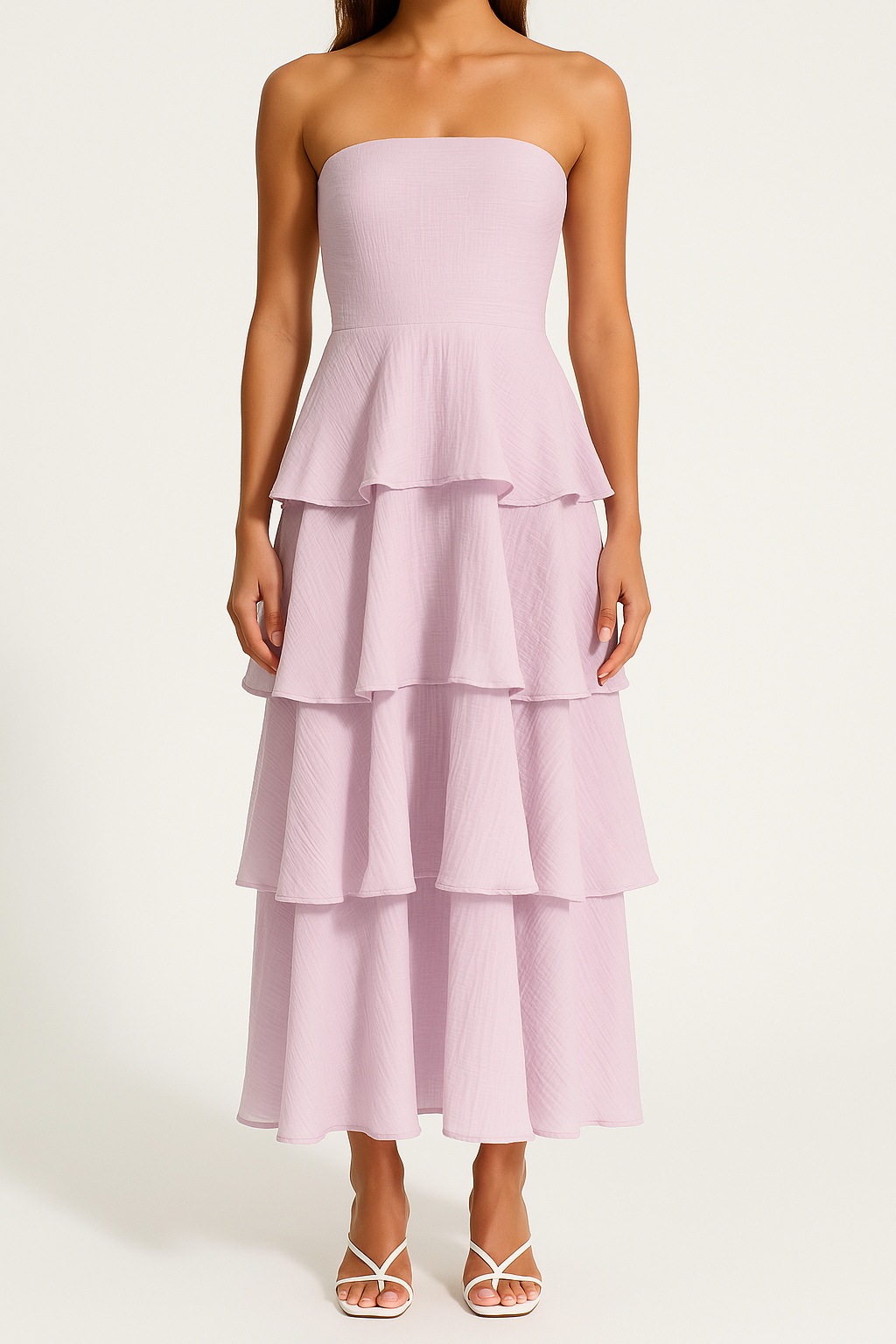 Women's strapless dress – fitted bodice – midi A-line – airy ruffle tiers