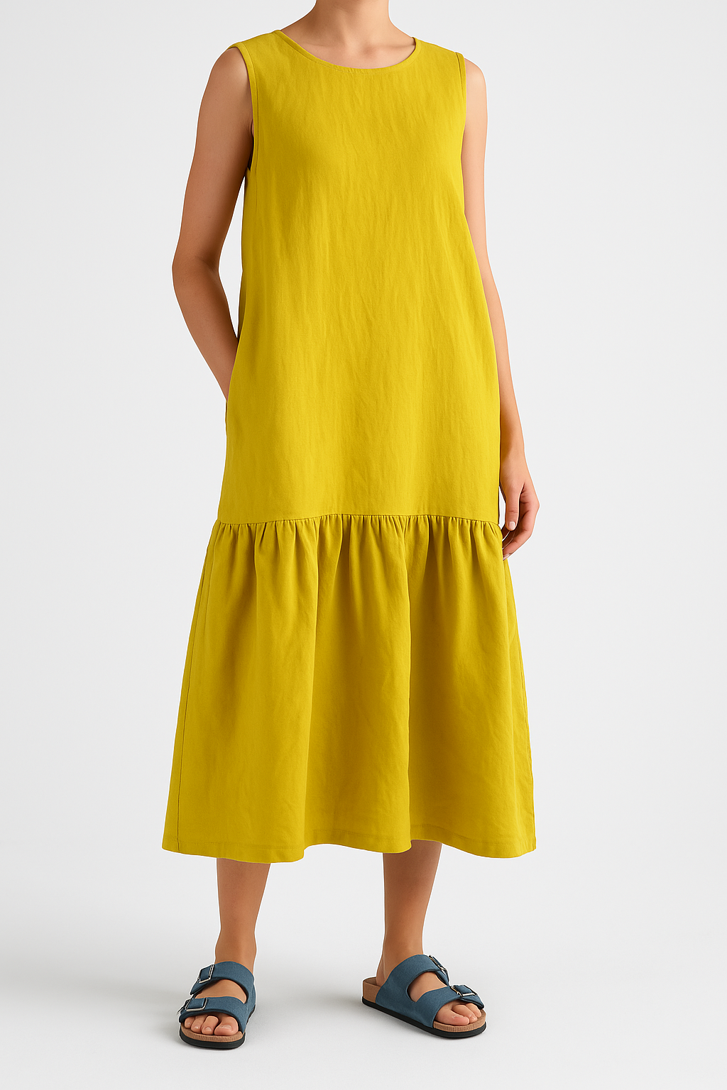 Ladies midi dress – Linenmix – Sleeveless – Loose fitting – Ruffledhem – Casual style