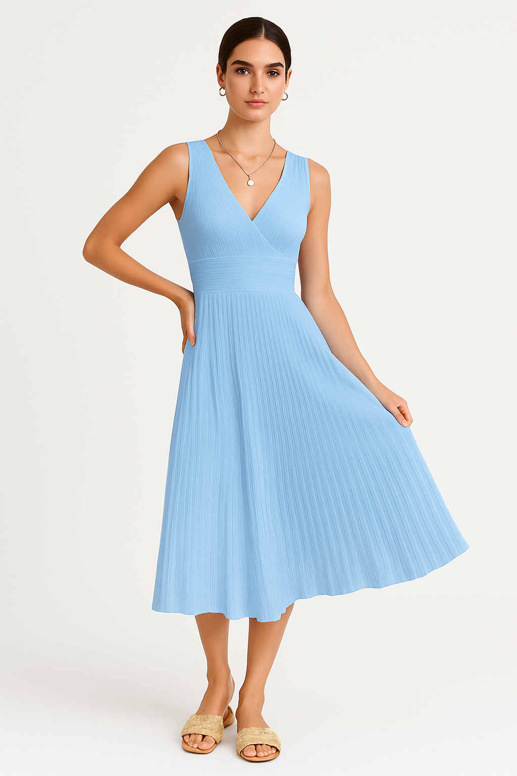 Ladies midi dress – A-line – V-neck – Sleeveless – High waist – Soft knit