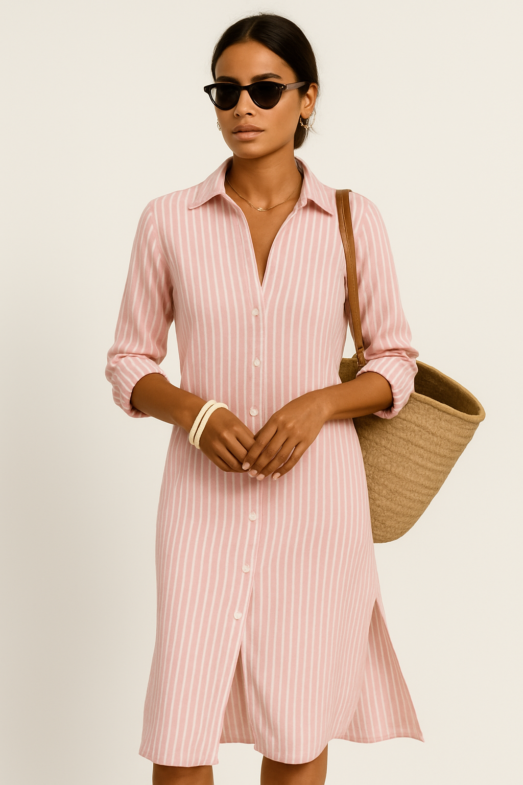 Women's Shirt Dress – Relaxed Fit – Midi Length – Breathable Material – Three-Quarter Sleeve