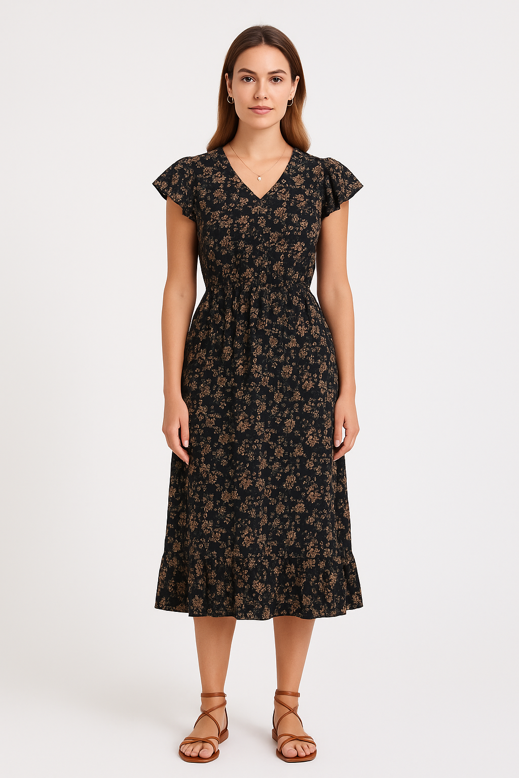 Women's midi dress – V-neck – Butterfly sleeves – Ruffled hem – Relaxed fit