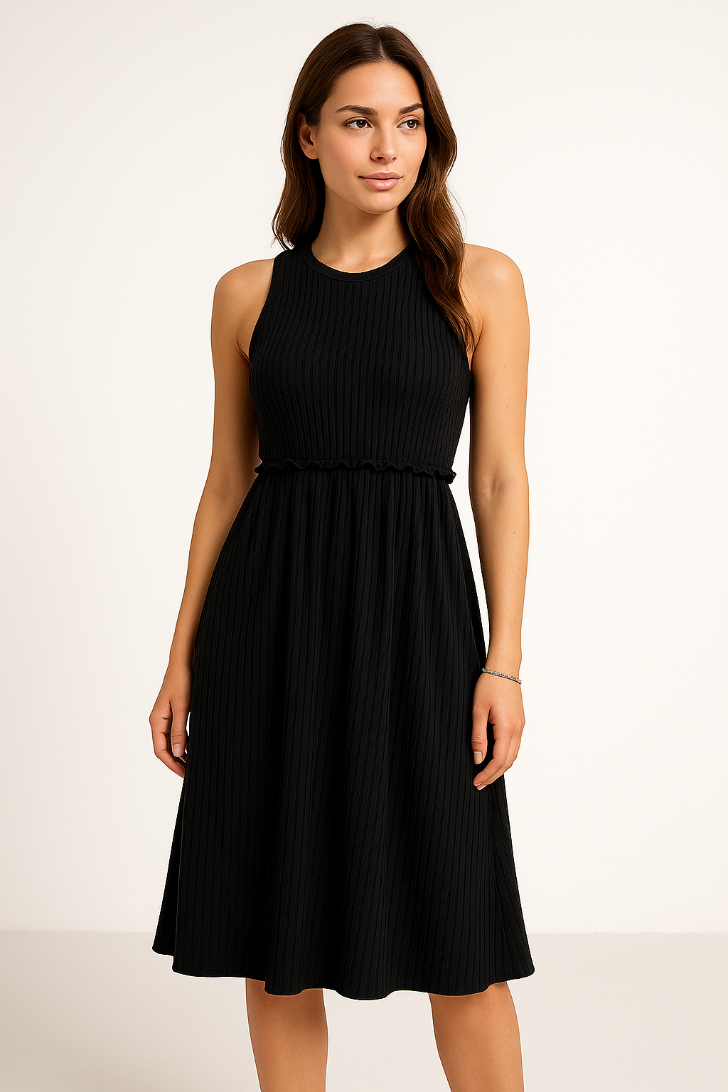 Ladies Midi Dress – Sleeveless A-line Model – V-neck – Button Closure – Waist Belt