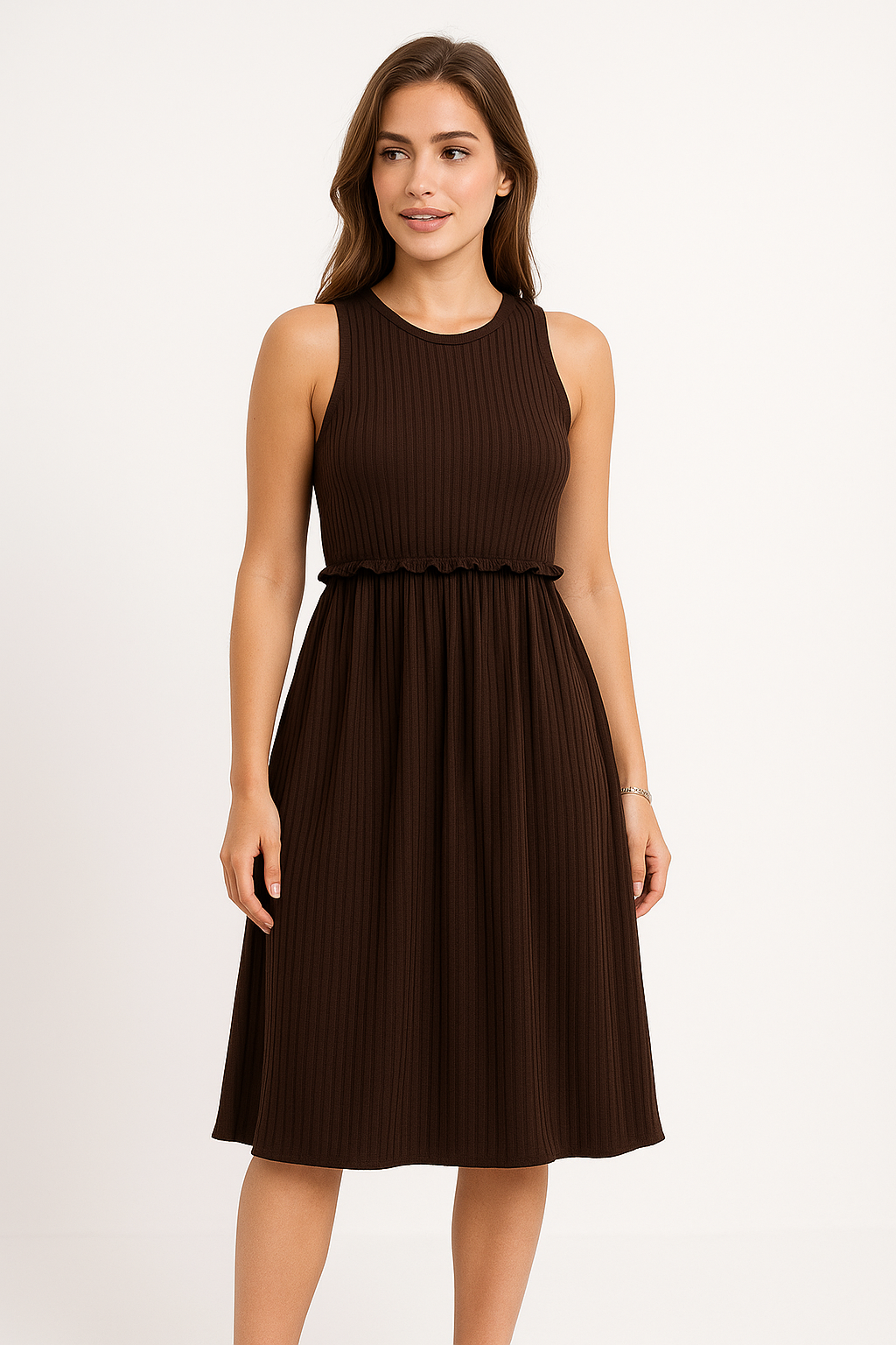 Ladies Midi Dress – Sleeveless A-line Model – V-neck – Button Closure – Waist Belt