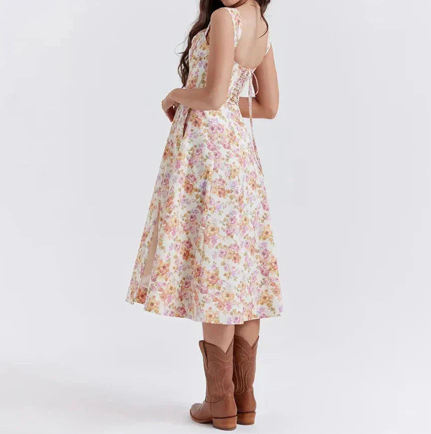Ladies Midi Dress – Corset Style – Floral Print – Breathable – Split – Wide Straps