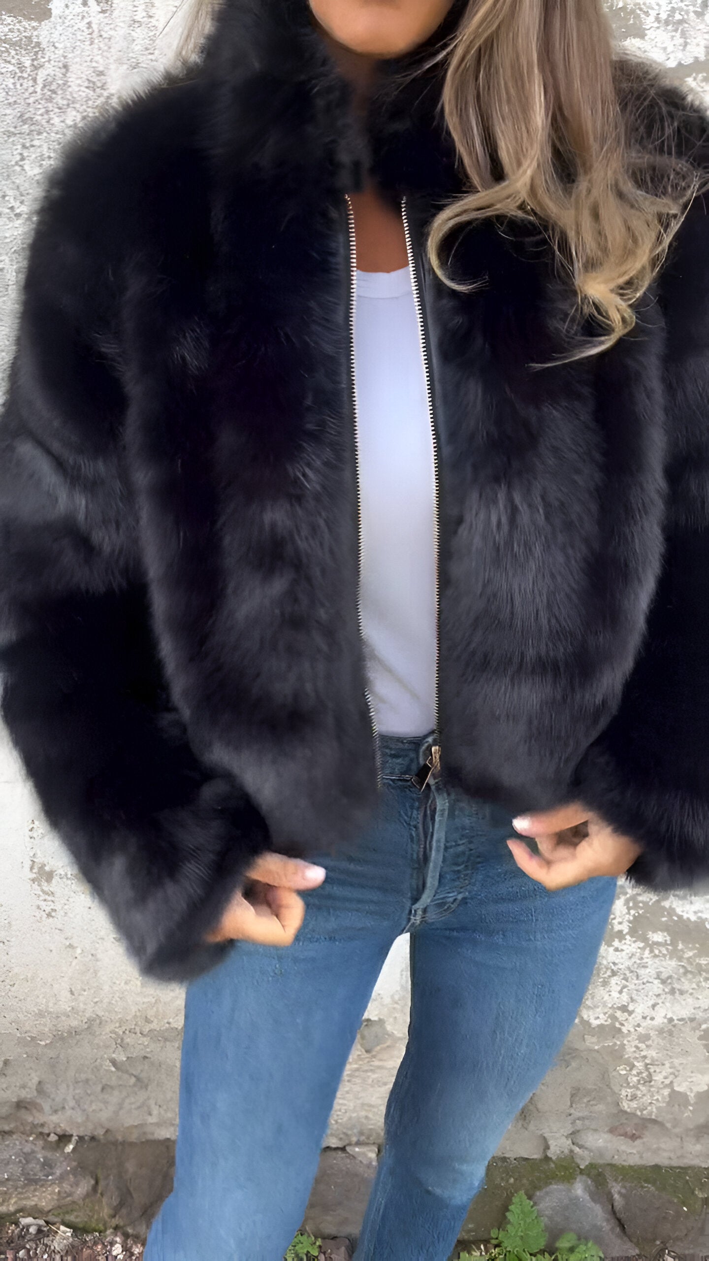 Dames Jas - Imitatiebont - Hoge Kraag - Regular Fit - Ritssluiting - Modieus & Warm