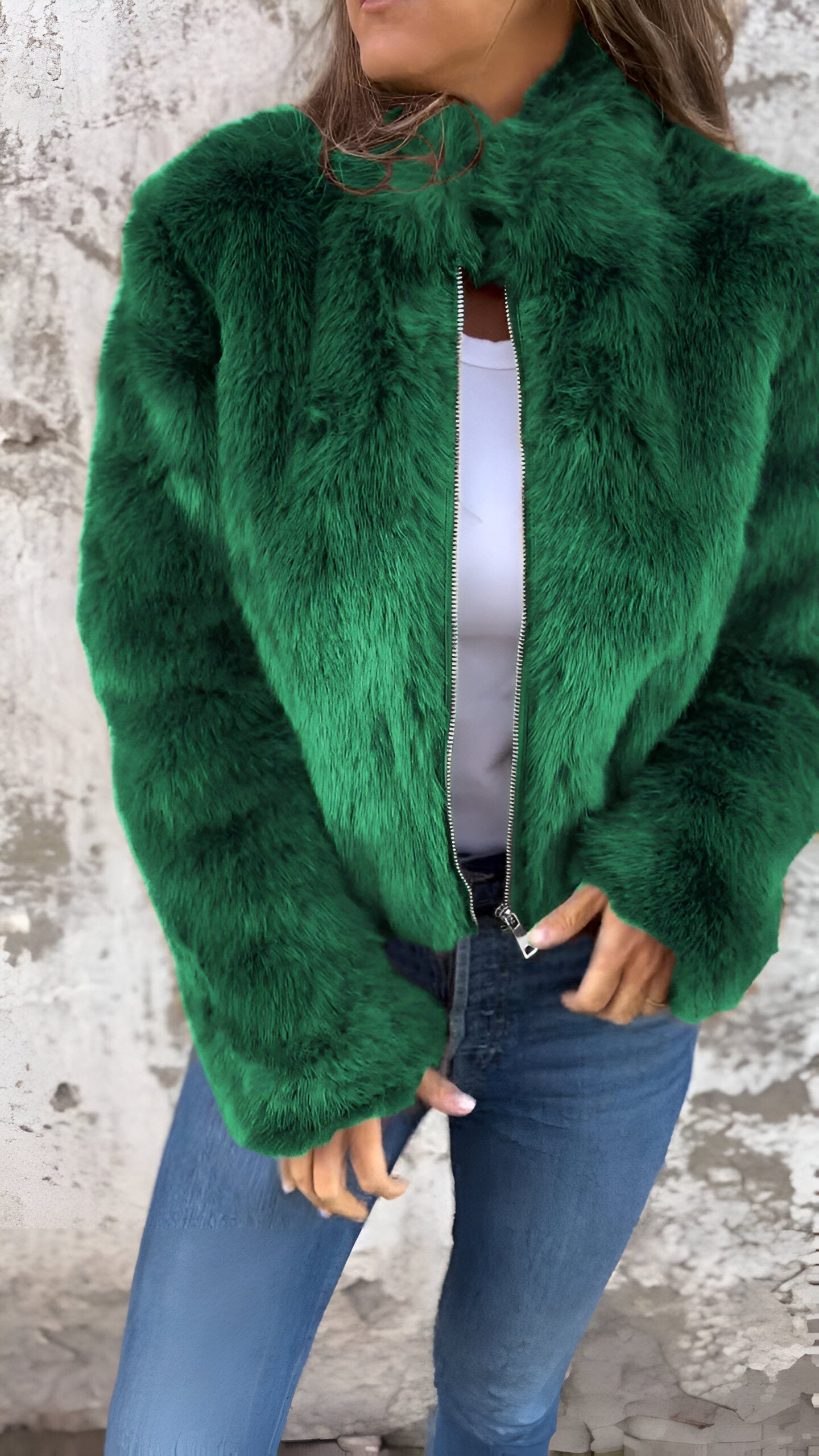 Dames Jas - Imitatiebont - Hoge Kraag - Regular Fit - Ritssluiting - Modieus & Warm