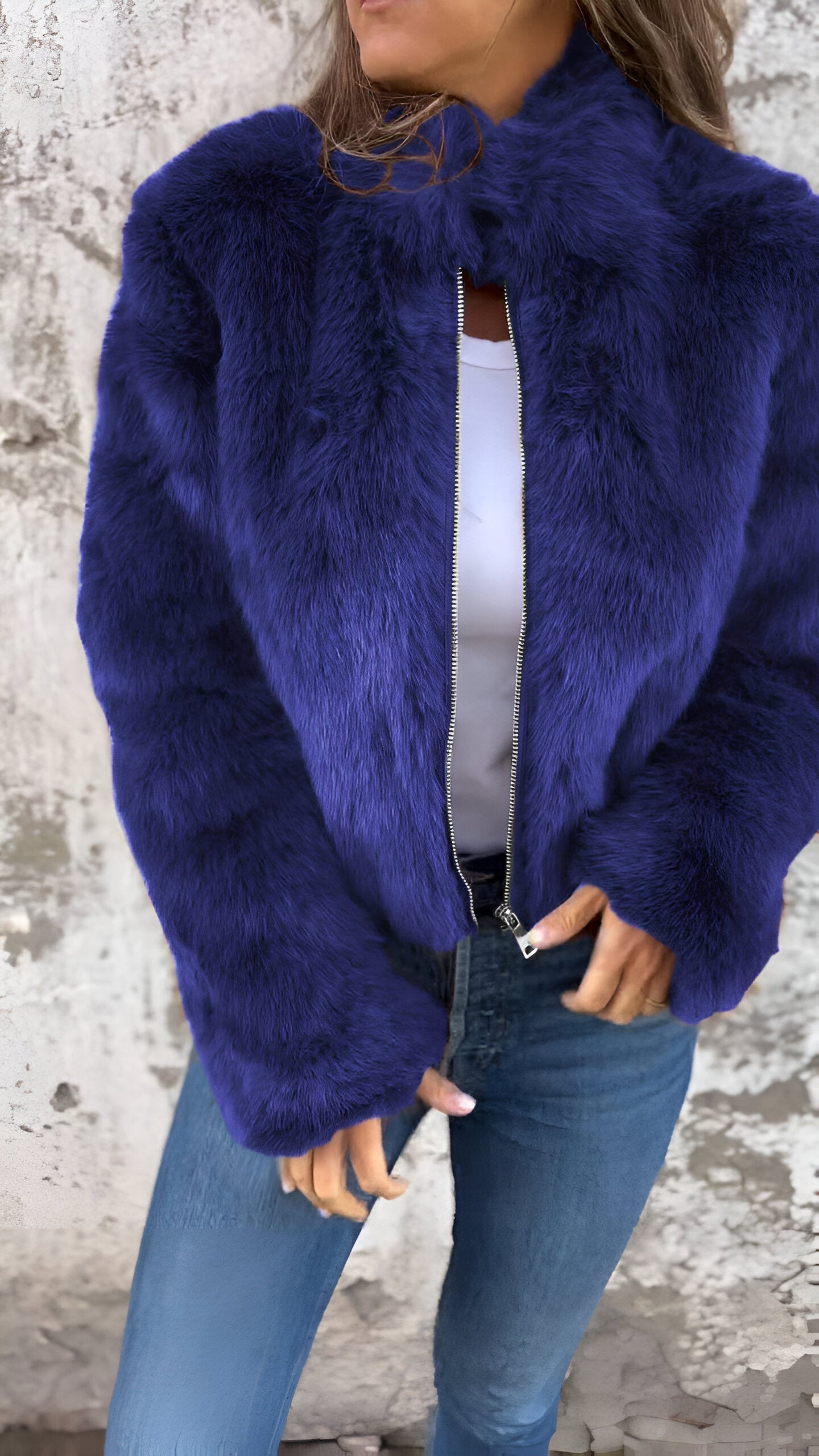 Dames Jas - Imitatiebont - Hoge Kraag - Regular Fit - Ritssluiting - Modieus & Warm
