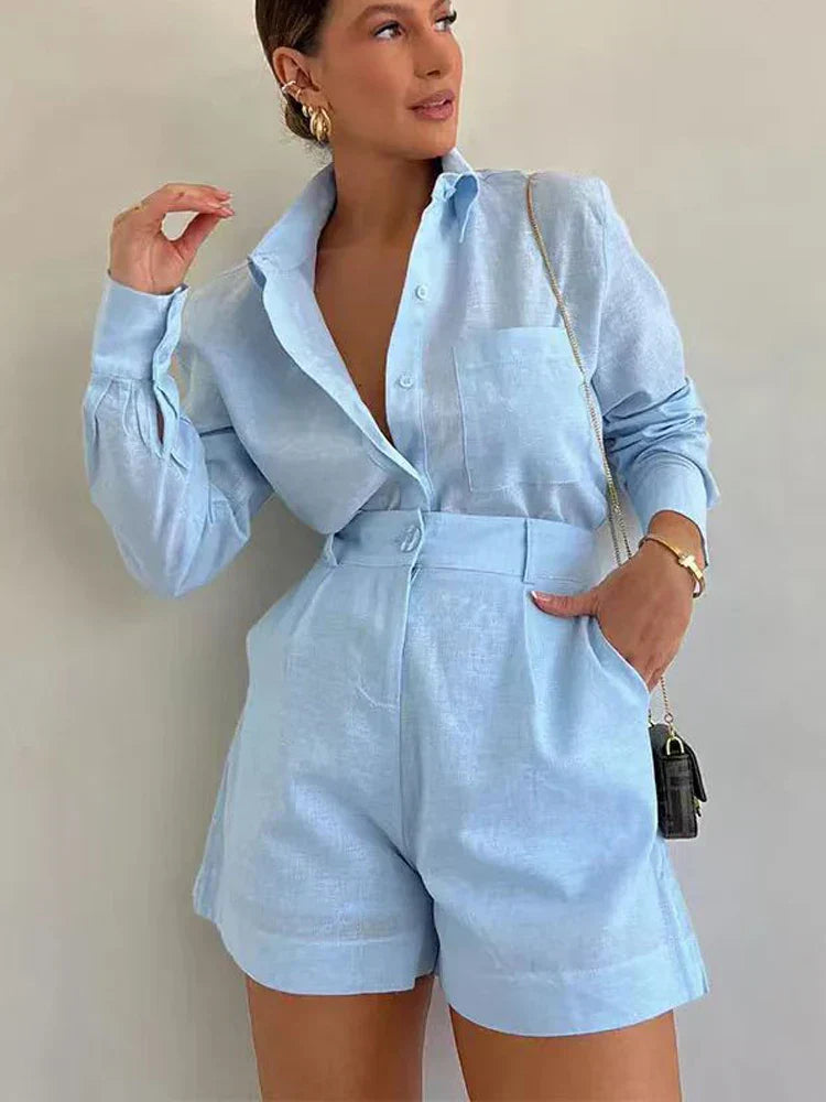Dames Tweedelig Set – Losvallend Blouse Met Lange Mouwen – Hoge Taille Shorts – Casual Pasvorm
