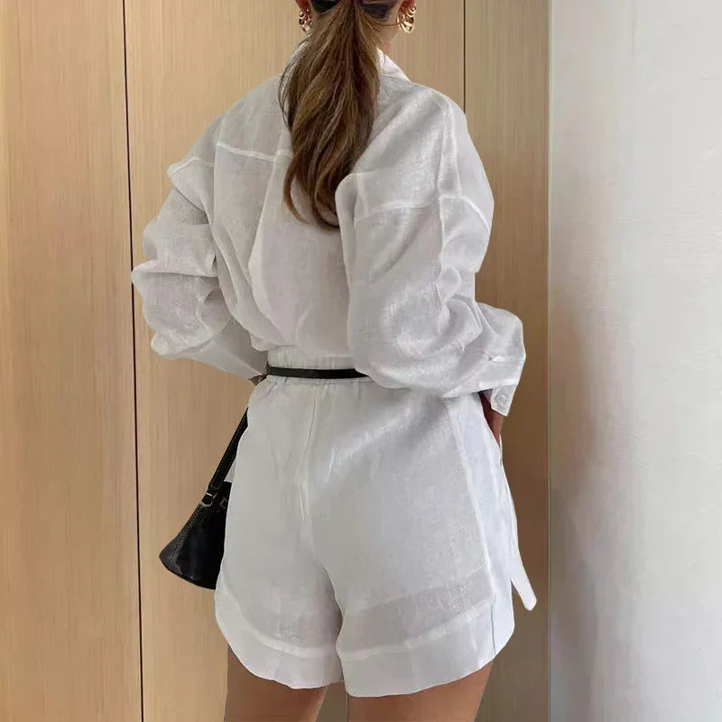 Dames Tweedelig Set – Losvallend Blouse Met Lange Mouwen – Hoge Taille Shorts – Casual Pasvorm