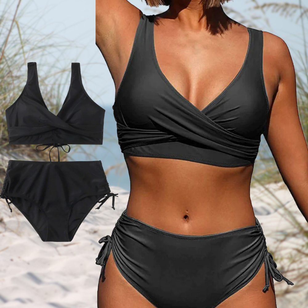 Dames Bikini Set – Wrap Top met V-Hals – Hoge Taille – Verstelbare Ruche Zijkant