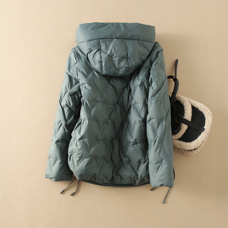 Hooded Down Jacket With Quilted Pattern and Duck Down