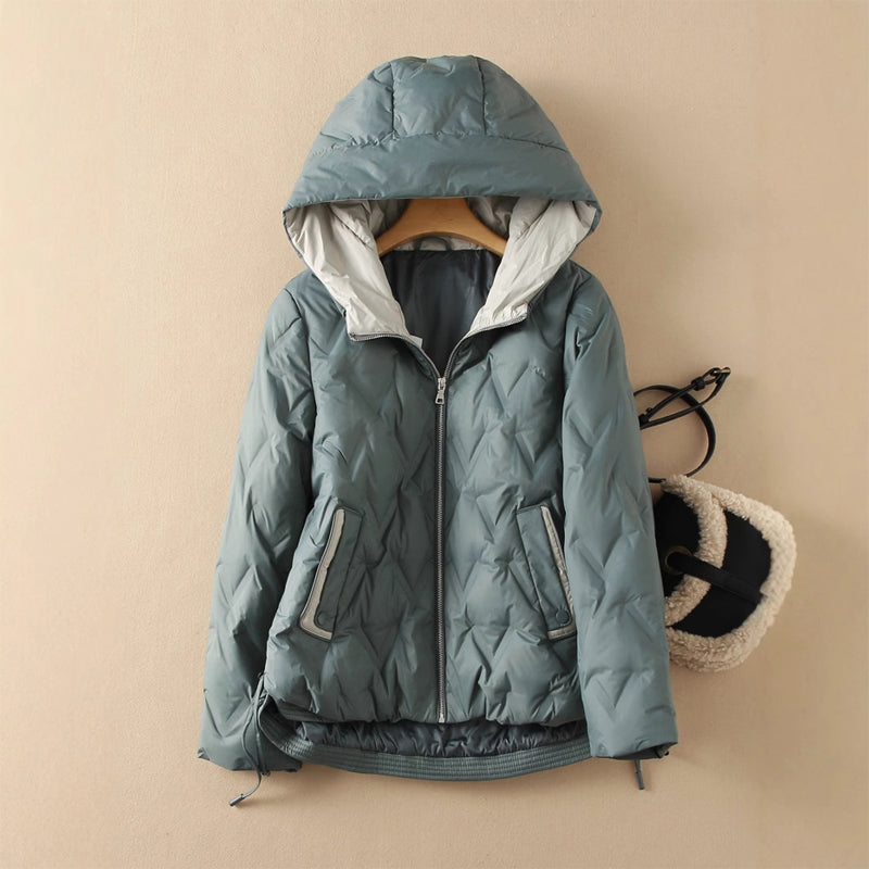 Hooded Down Jacket With Quilted Pattern and Duck Down