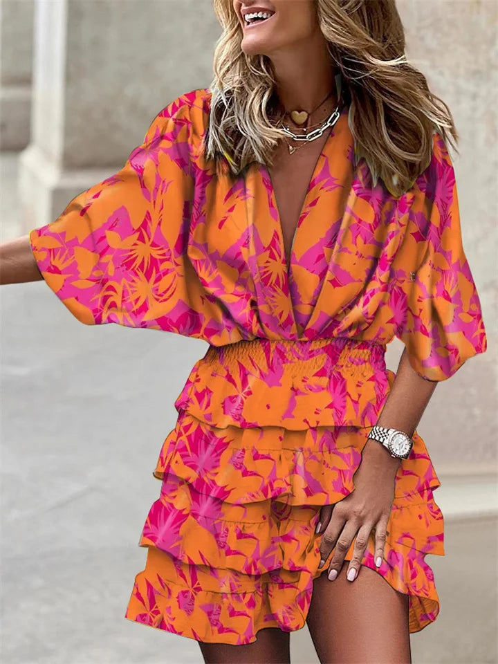 Dames Jurk – V-Hals – Wijde Mouwen – Elastische Taille – Ruches – Luchtige Pasvorm