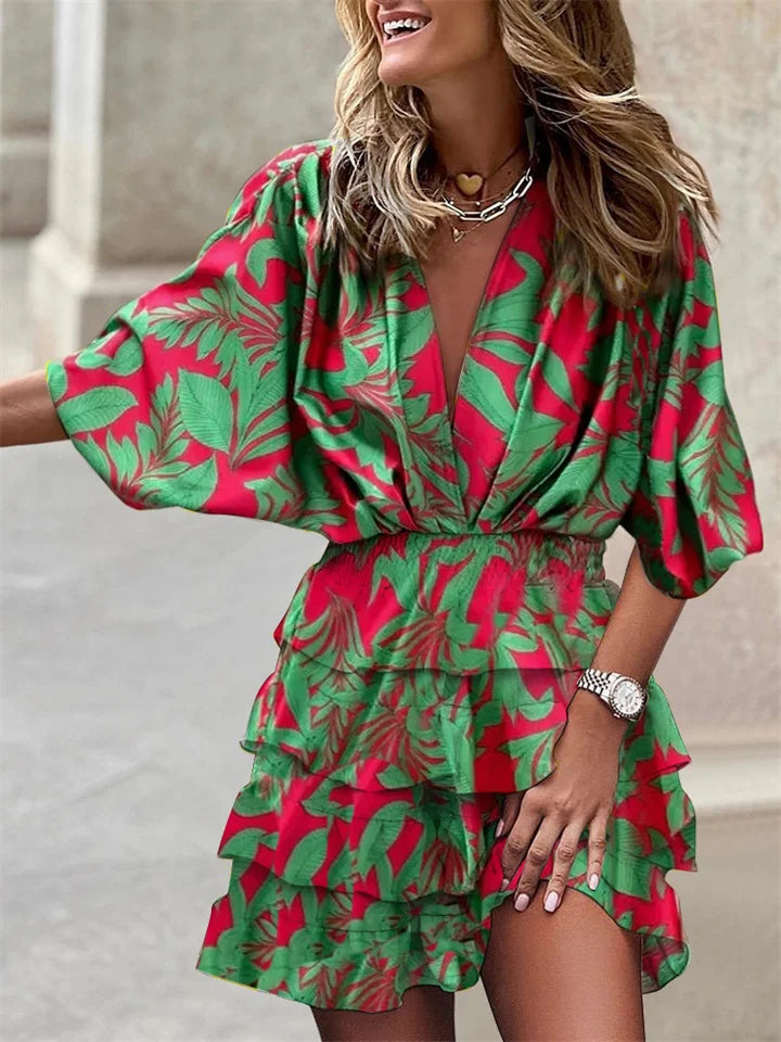 Dames Jurk – V-Hals – Bloemenprint – Ruches – Batwing Mouw – Elastische Taille