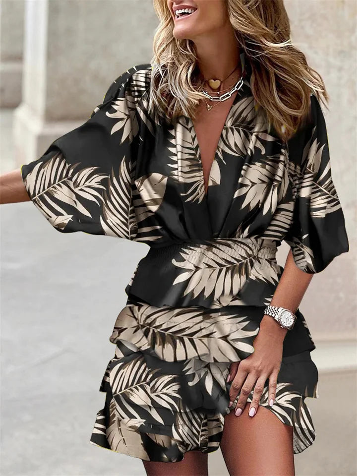 Dames Jurk – V-Hals – Bloemenprint – Ruches – Batwing Mouw – Elastische Taille