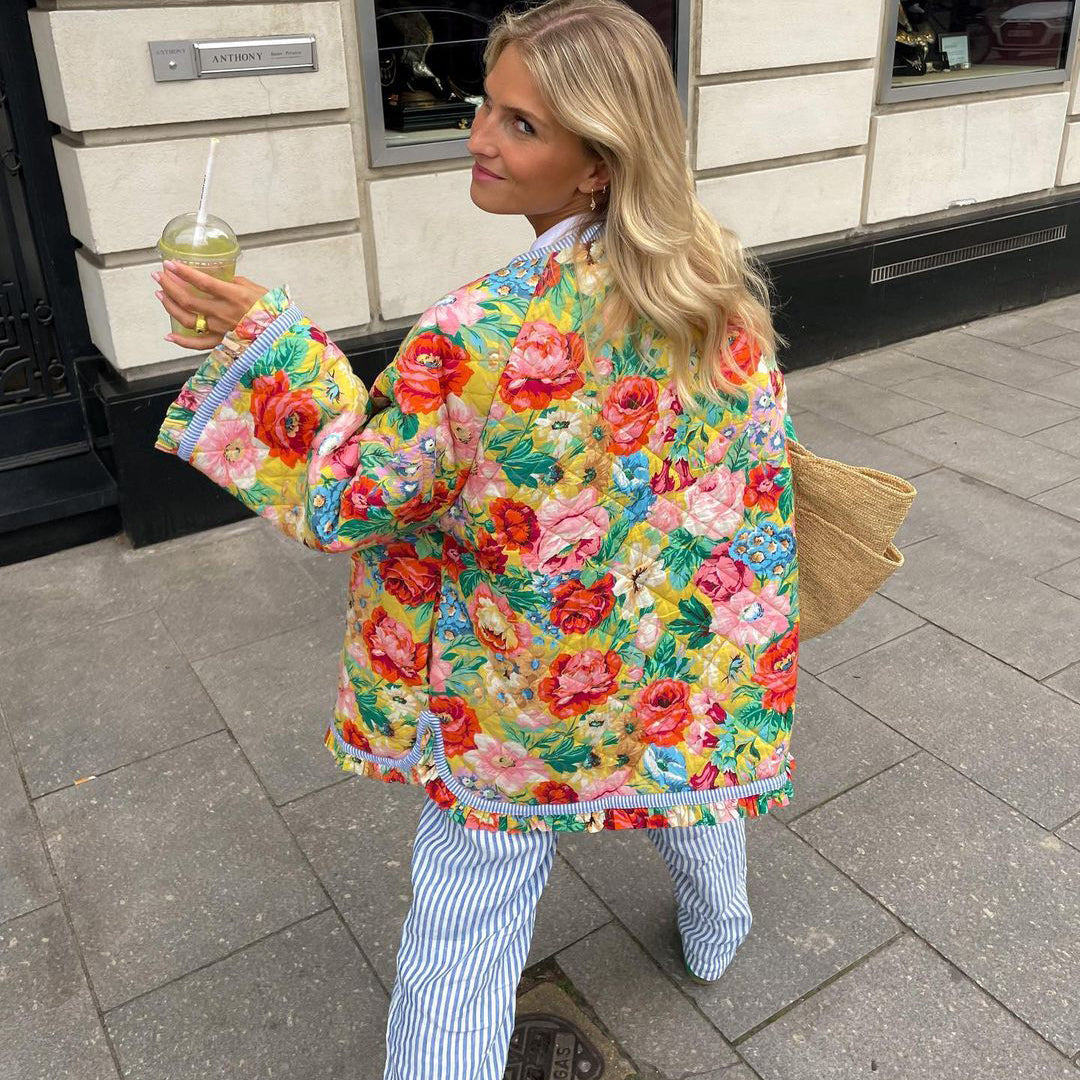 Dames Gewatteerd Jack - Relaxed Fit - Katoenmix - Lichtgewicht met Bloemenpatroon
